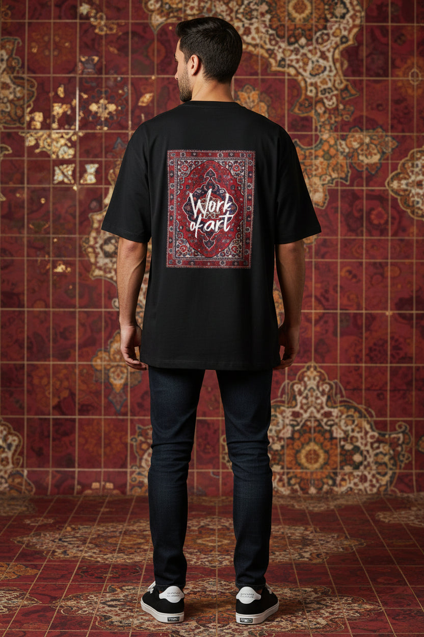 Black t-shirt with a red and white pattern and 'Work of Art' text on the back against a white background