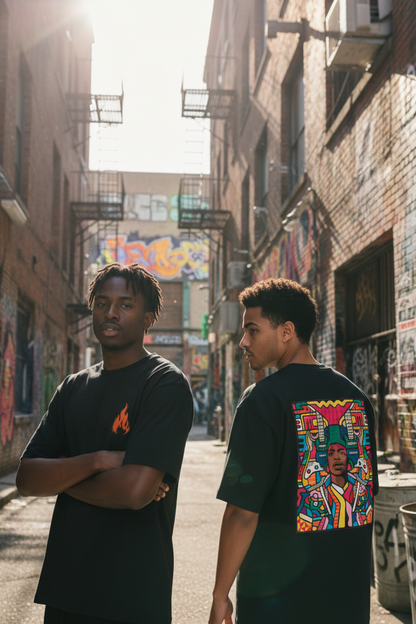 Two individuals standing in an alley with graffiti art on the walls.