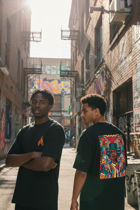 Two individuals standing in an alley with graffiti art on the walls.